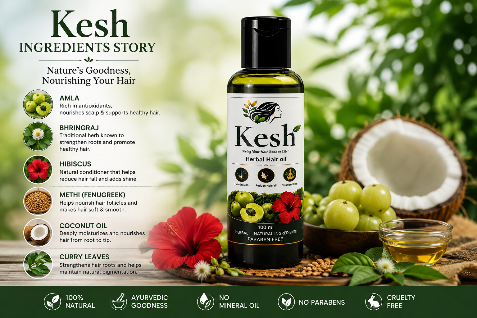 KESH Herbal Hair Oil Ingredients — Amla, Bhringraj, Coconut Oil, Rosemary, Neem, Fenugreek